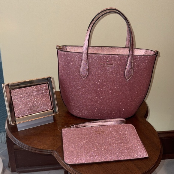 Kate Spade  Glitter mini tote  wristlet
Card holder  Mitten Pink 3 piece set NWT - Picture 3 of 17